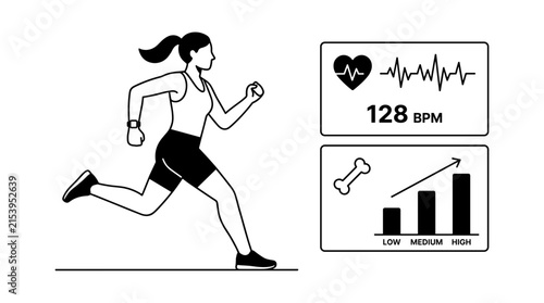 Woman running with heart rate and fitness progress displayed on screens
