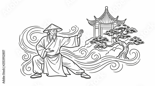 Elderly Asian Man Practicing Tai Chi in Traditional Chinese Garden