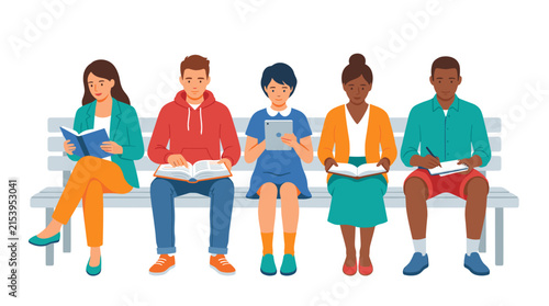 Diverse group of people sitting on a bench reading and writing