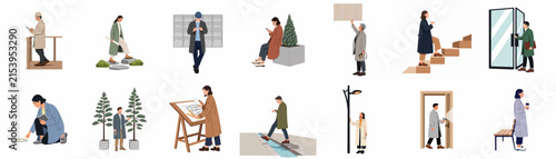 Flat vector collection of diverse people in everyday activities for architectural visualization and graphic design.
