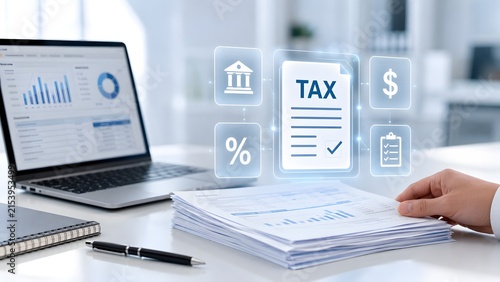 Accountant working on tax documents with laptop and glowing digital tax icons, online financial preparation and accounting technology