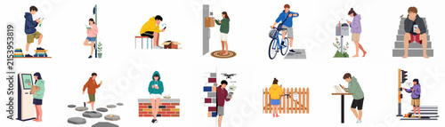 Set of flat vector illustrations featuring people using smartphones during daily activities, highlighting technology addiction and digital distraction in modern life.