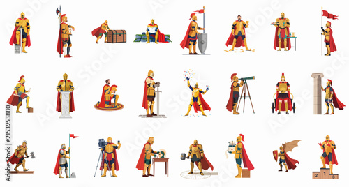 A collection of various cartoon illustrations showing a Spartan warrior in golden armor performing different activities and poses on a white background.