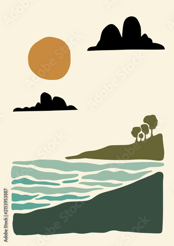 Abstract landscape beach and mountains panoramic poster. Organic shapes style , naive art , contemporary background. Beach and mountains vector illustration