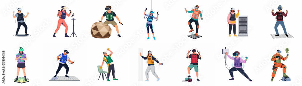 Fototapeta premium Flat vector illustration set of diverse people wearing virtual reality headsets and haptic vests, engaged in various immersive digital experiences on white backgrounds.