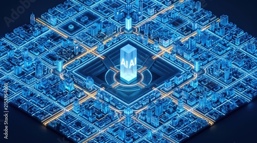 3D Isometric AI Smart City with Glowing Blue Digital Grid Architecture and Central Artificial Intelligence Hub for Technology and Urban Planning