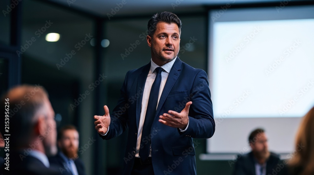 Fototapeta premium A man in a suit standing in front of a group of people in a conference room with a large screen in the background.