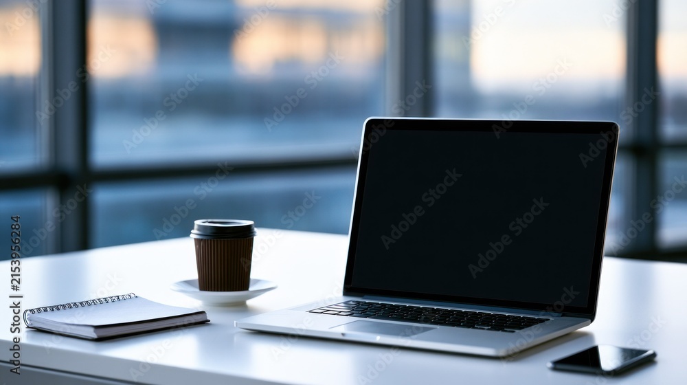 Fototapeta premium A laptop with a blank screen, a cup of coffee, and a notebook on a white desk in front of a large window with a cityscape view.
