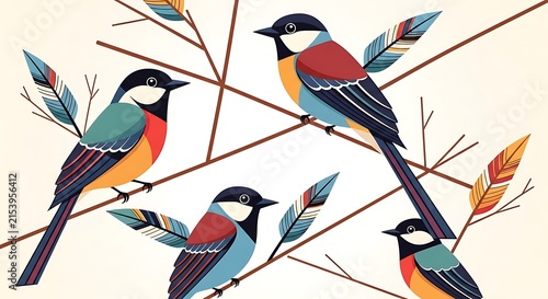 Decorative illustration featuring colorful songbirds perched on thin branches