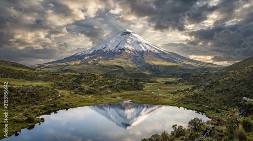 Majestic snow covered mountain peak towering above a green valley and reflective lake