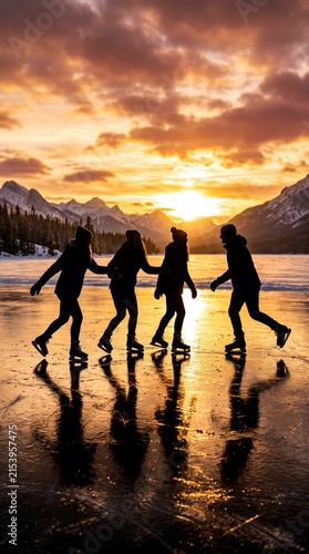 Silhouettes of friends ice skating on a frozen lake at sunset with mountains AI GENERATED