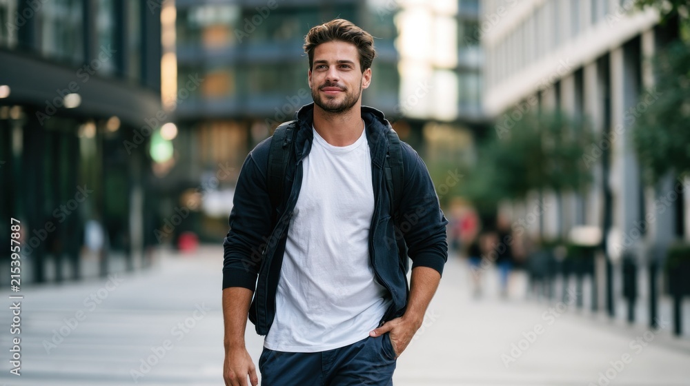 Fototapeta premium A man in a black jacket and white t-shirt walking down a city street.