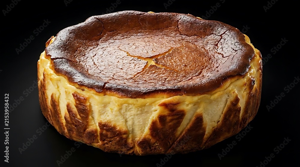 Fototapeta premium A perfectly baked basque cheesecake with a characteristic dark caramelized crust isolated on a dark background, showcasing rich texture and authentic style