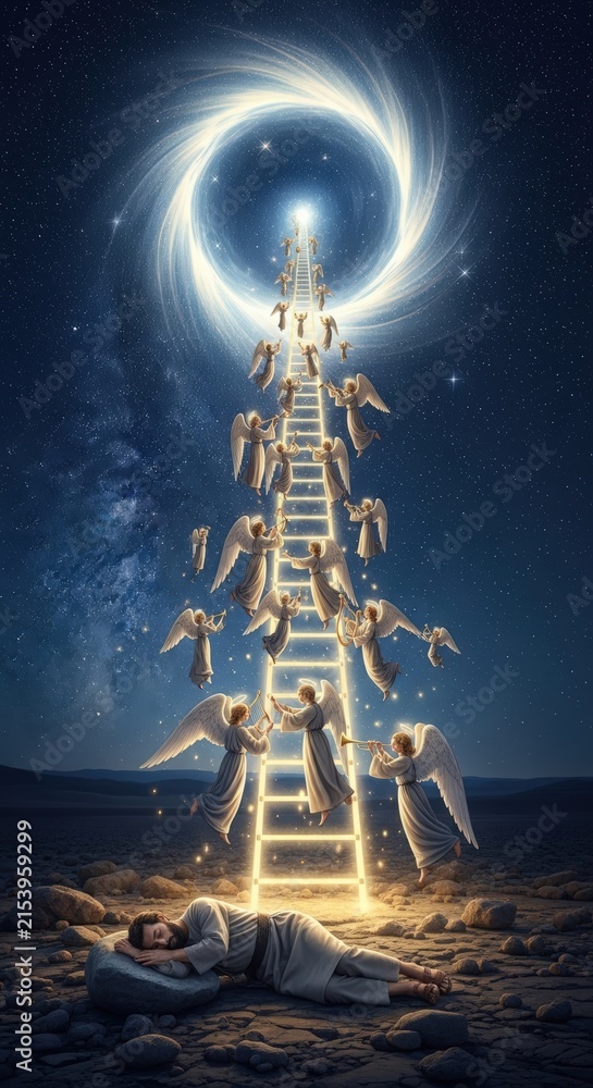 Naklejka premium A spiritual depiction of Jacob's dream, with angels ascending a luminous ladder to a celestial vortex in the night sky.