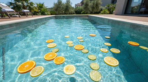 Citrus Slices Floating in Swimming Pool Water Luxury Resort Villa Background Summer Refreshment Concept