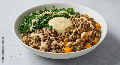 Quinoa Lentil Bowl: A vibrant and wholesome quinoa and lentil bowl topped with kale, roasted butternut squash, and a creamy tahini dressing, offering a nutritious and flavorful meal.