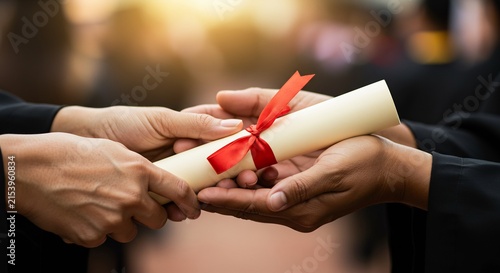 Graduation Ceremony: A student receives a diploma with a red ribbon, symbolizing academic achievement and the culmination of hard work.