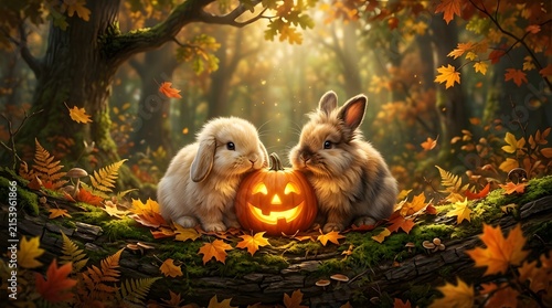 Two cute fluffy bunnies sitting next to a glowing jack o lantern in a magical autumn halloween forest