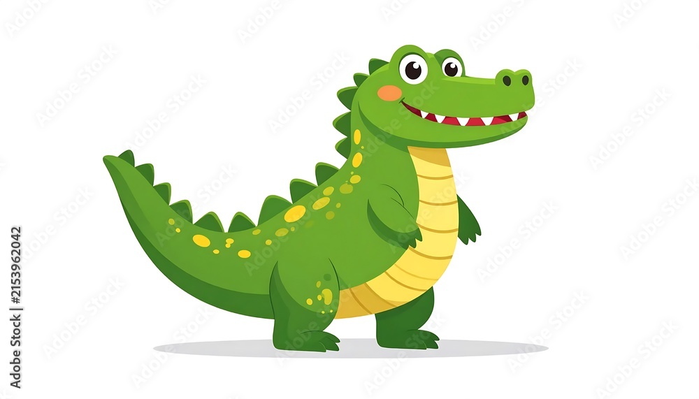 Fototapeta premium Cute green dinosaur character standing on grass.