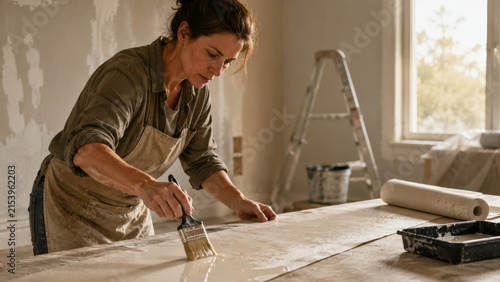Woman in gray shirt and apron applying adhesive with a brush on a wooden surface in a well-lit room, with a ladder and painting supplies visible in the background
