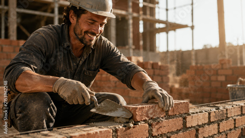 Construction worker in hard hat lays bricks with trowel on building site, surrounded by scaffolding and partially constructed walls, showcasing craftsmanship and attention to detail in masonry work