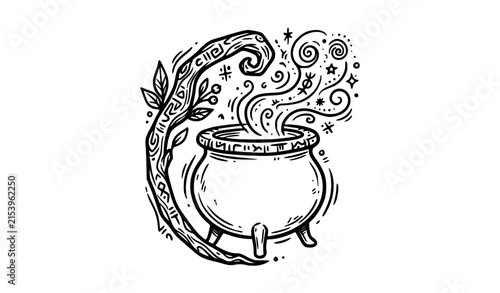 Cuadro en lienzo Ancient Shaman Cauldron Ceremonial Staff Mystical Doodle Vector Symbol