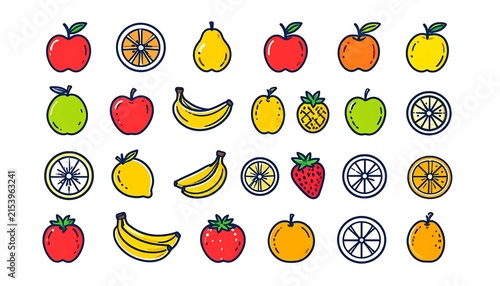 Colorful fruit and vegetable vector icons collection.