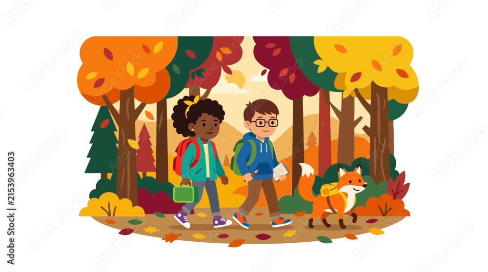 Naklejka premium Cartoon Students Hiking Through Autumn Forest with Pet Fox