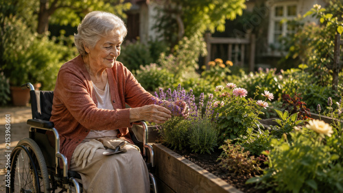 Elderly woman in wheelchair tending to colorful flower garden, surrounded by lush greenery and blooming plants, with a serene residential setting in the background during daylight hours