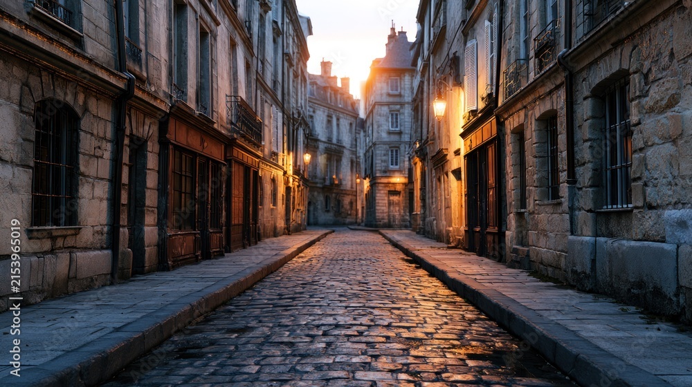Fototapeta premium A cobblestone street in a European city at dusk, with a warm glow from streetlights and a lone figure walking in the distance.