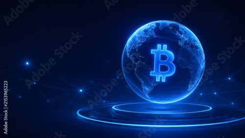 Bitcoin Globe: A luminous blue globe emblazoned with the Bitcoin symbol floats above a digital stage, surrounded by glowing particles and abstract lines.