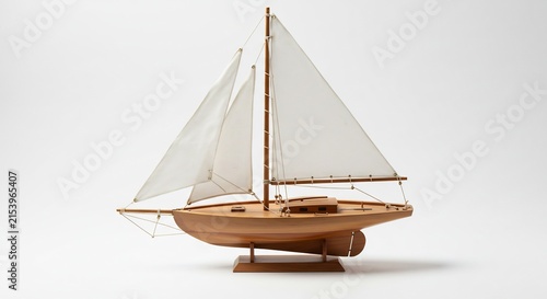 Wooden sailboat model on display