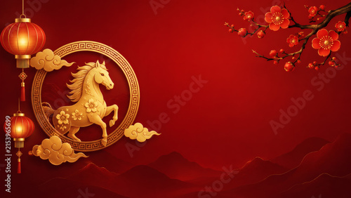 Golden Horse Emblem: A majestic golden horse, a symbol of prosperity and strength, is intricately detailed within a circular frame.