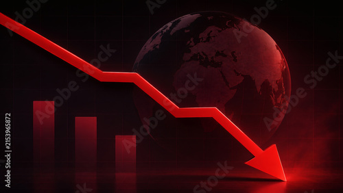 Global Economic Downturn: A stark red arrow plunges downwards, symbolizing a significant decline in global financial markets, with a muted Earth in the background.