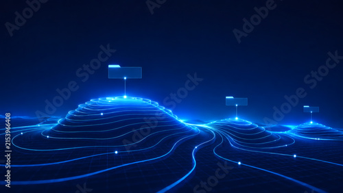 Digital Landscape of Data: An abstract representation of interconnected data streams flowing across a digital terrain.