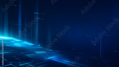 Digital Network Flow: A dynamic representation of a digital network, with glowing blue lines and geometric patterns suggesting data flow and connectivity within a futuristic technological landscape.