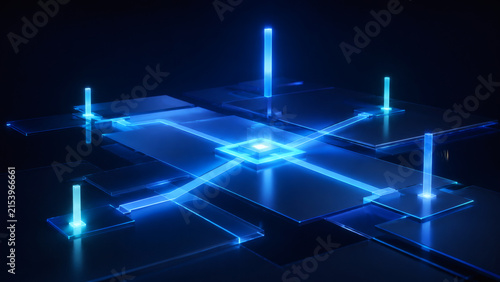 Futuristic Circuit Board: A close-up view of a highly detailed, glowing blue circuit board, suggesting advanced technology and data processing.