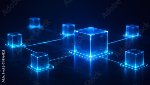 Connected Data Blocks: Glowing blue cube-shaped nodes, interconnected by luminous lines, illustrate a futuristic concept of data networking, information flow, and digital connection.