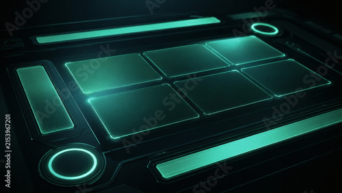 futuristic DJ Pad: A high-tech DJ control surface with illuminated neon green pads and buttons, designed for electronic music production and performance.