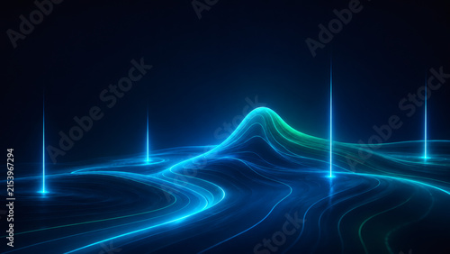 Abstract Blue Neon Landscape: A futuristic, abstract landscape rendered in vibrant blue and green neon lights, depicting flowing curves and glowing vertical beams against a dark backdrop.