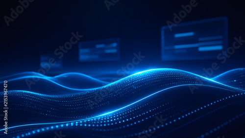 Digital Wavefront: An abstract representation of a glowing blue digital wave flowing through a dark expanse, with out-of-focus screens displaying data in the background.
