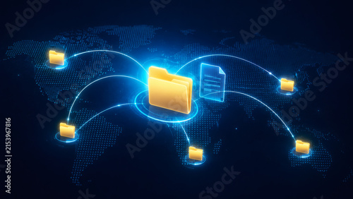 Digital Networked Folders: A central folder icon, illuminated by a bright blue ring, is connected by glowing lines to several other folder icons scattered across a stylized world map.