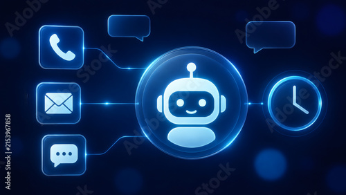 Chatbot Icon Technology: A futuristic chatbot avatar symbolizes artificial intelligence, connecting via glowing lines to icons representing phone calls, email, and chat, alongside a clock.