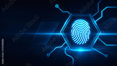 Digital Fingerprint Security: A futuristic digital fingerprint scan glowing with a neon blue light against a dark, technological background.