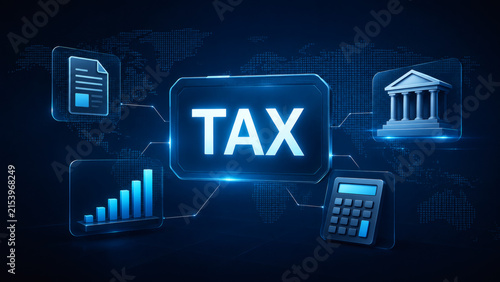 The Concept of Tax: A digital illustration representing taxation, featuring a central 'TAX' icon surrounded by icons of a document, a bar graph, a calculator, and a building.