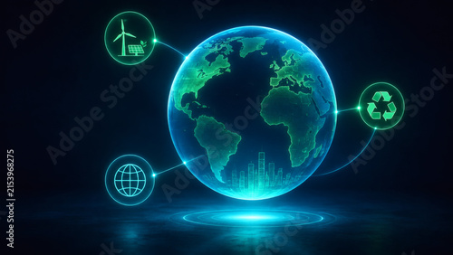Sustainable Earth Concept: A glowing globe representing Earth is surrounded by icons symbolizing renewable energy, recycling, and global connectivity.
