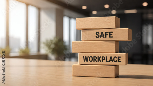 Safe Workplace Blocks: Wooden blocks with the words Safe and Workplace stacked on a table, symbolizing a secure and stable working environment.