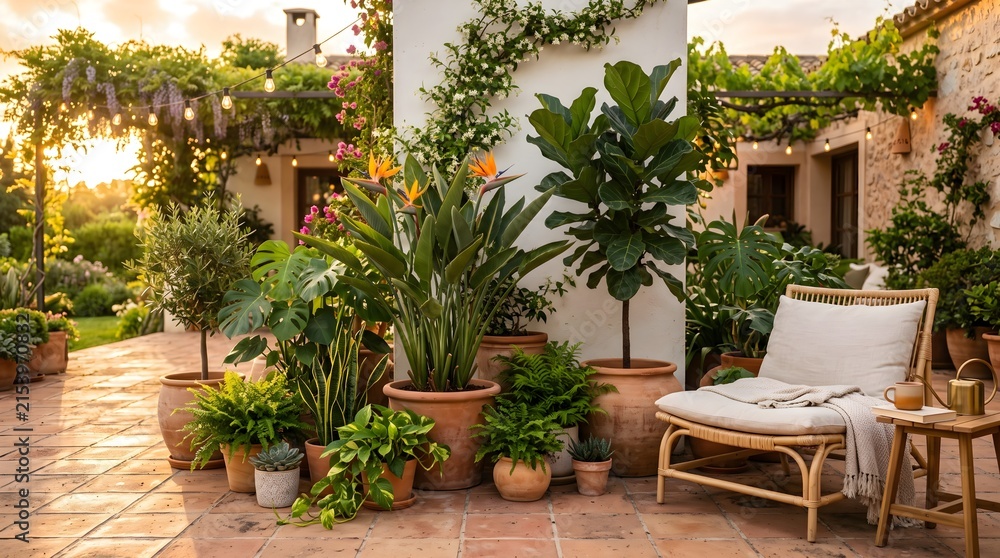 Fototapeta premium Tranquil mediterranean garden patio with rattan chair and lush greenery