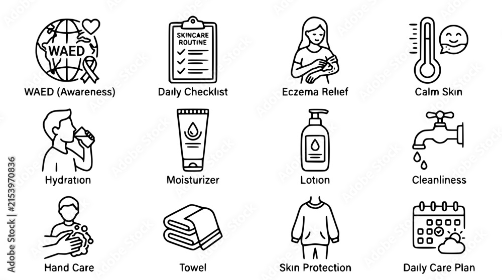 Fototapeta premium Skincare Routine Icons: Hydration, Eczema Relief, Lotion, Cleanliness, and More