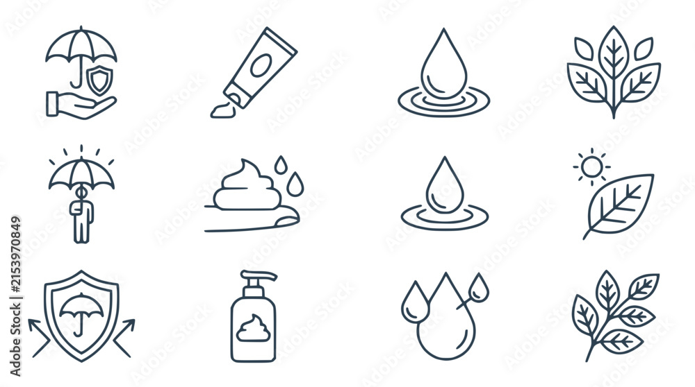 Fototapeta premium Skincare and Protection Icons Set: Cream, Drops, Leaves, Shield, Umbrella